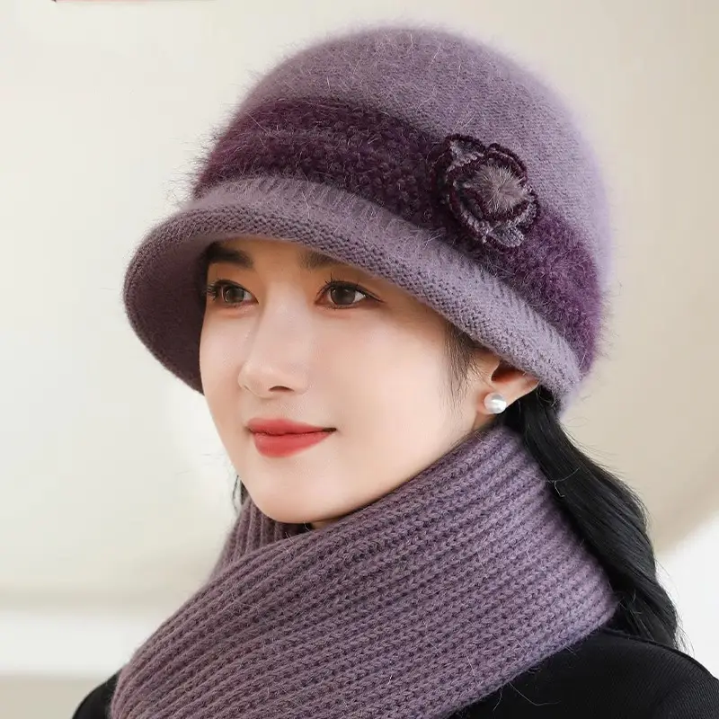 Winter Hat for Children Middle-aged and Elderly Mothers and Grandma Warm Thickened fleece-lined Windproof Rabbit Fur Knitted Wool Hat for Elderly