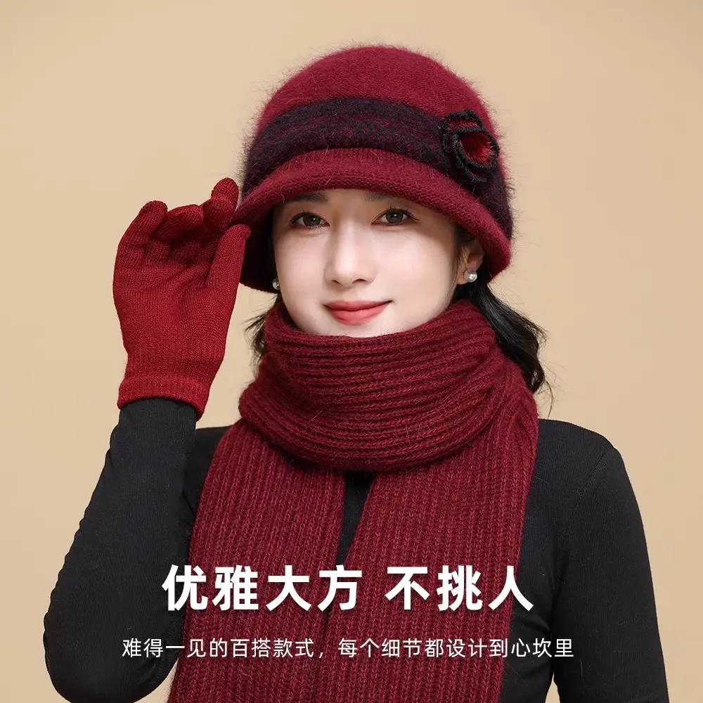 Winter Hat for Children Middle-aged and Elderly Mothers and Grandma Warm Thickened fleece-lined Windproof Rabbit Fur Knitted Wool Hat for Elderly