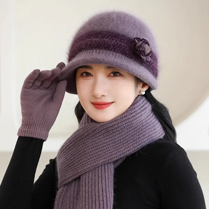 Winter Hat for Children Middle-aged and Elderly Mothers and Grandma Warm Thickened fleece-lined Windproof Rabbit Fur Knitted Wool Hat for Elderly