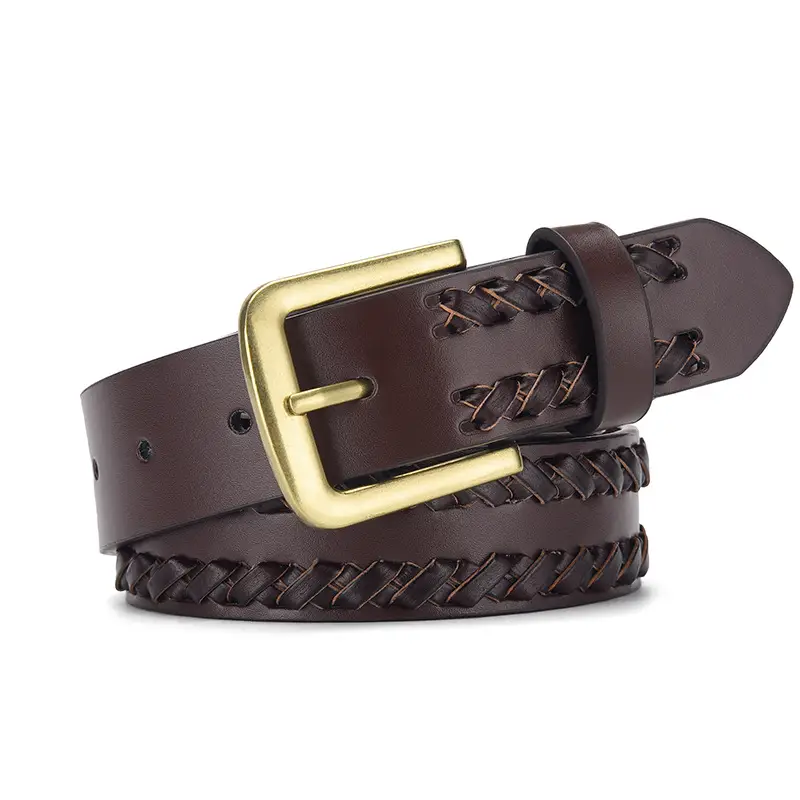 Brown Handwoven Leather Belt with Gold Buckle - Image 4