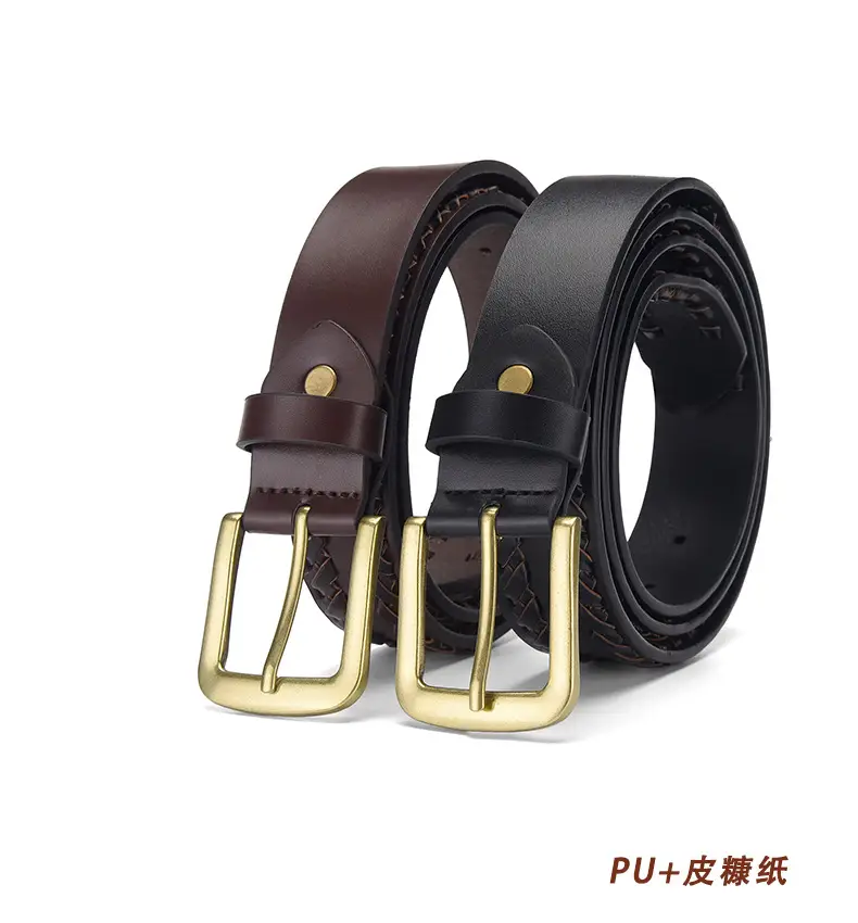 Brown Handwoven Leather Belt with Gold Buckle — feature 1