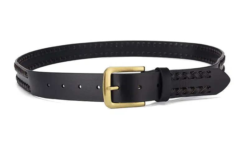 Brown Handwoven Leather Belt with Gold Buckle — feature 2