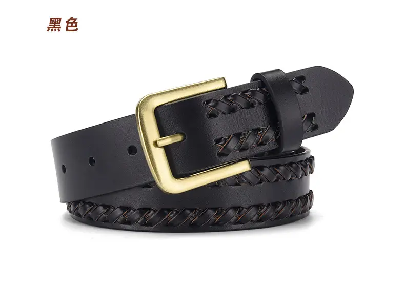 Brown Handwoven Leather Belt with Gold Buckle — feature 3