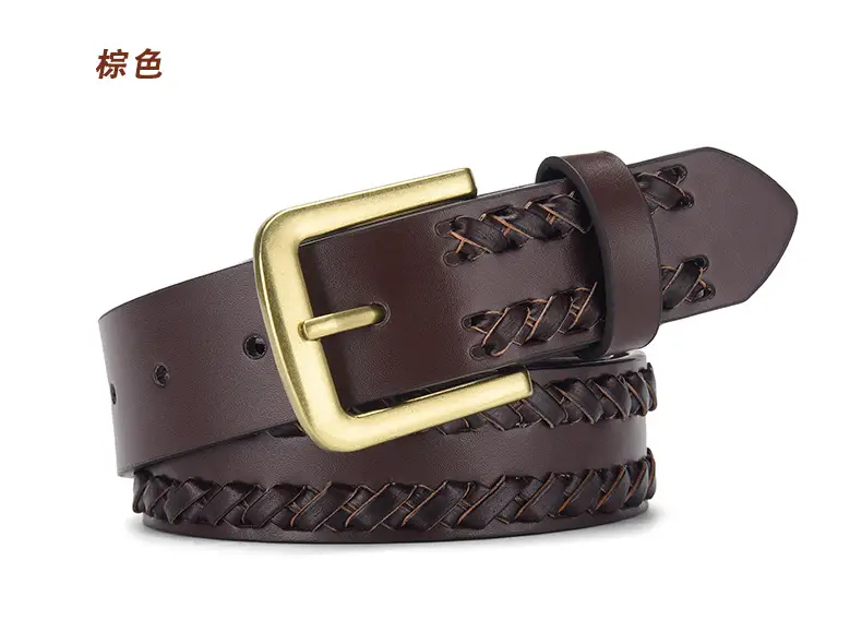 Brown Handwoven Leather Belt with Gold Buckle — feature 5