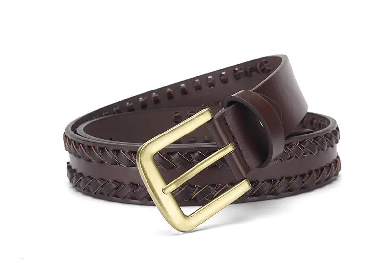 Brown Handwoven Leather Belt with Gold Buckle — feature 6