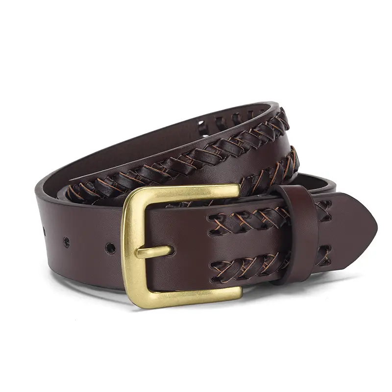 Brown Handwoven Leather Belt with Gold Buckle - Image 2