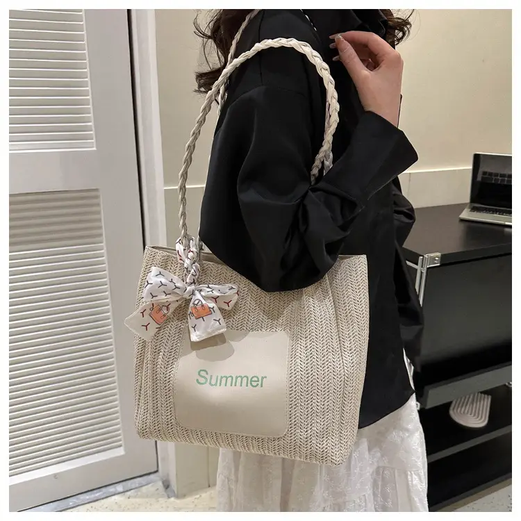 Summer woven tote bag with braided handles — feature 12