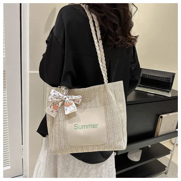 Summer woven tote bag with braided handles — feature 13