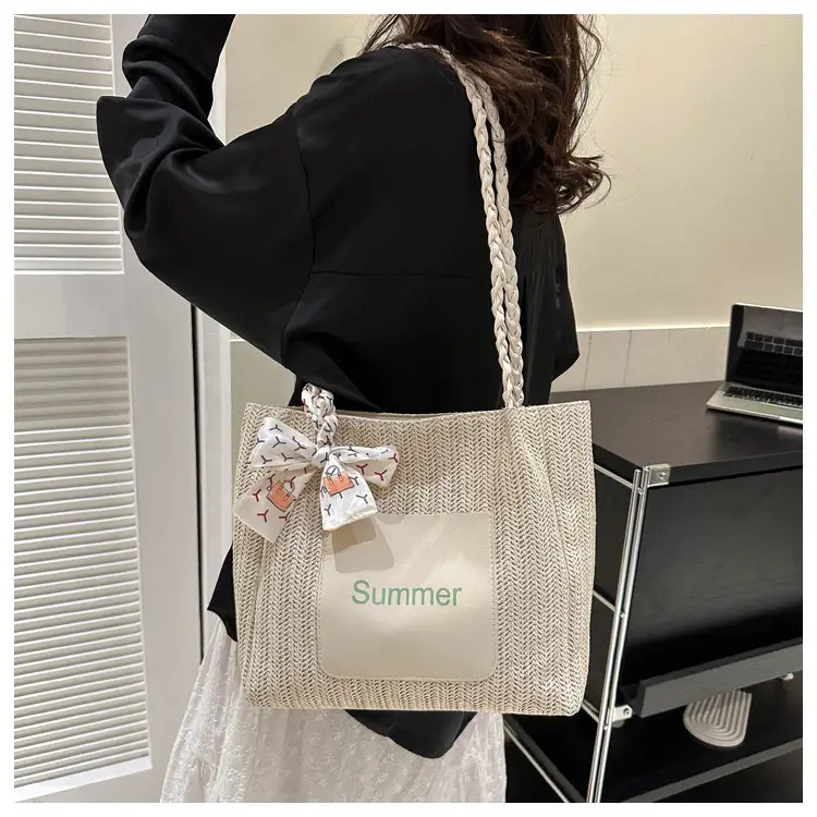 Summer woven tote bag with braided handles — feature 14