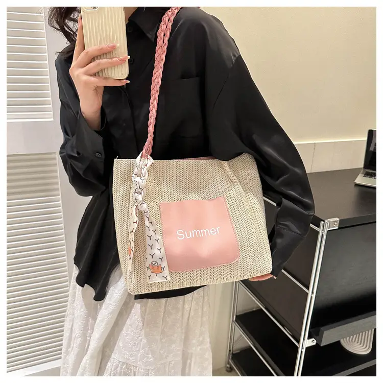 Summer woven tote bag with braided handles — feature 17