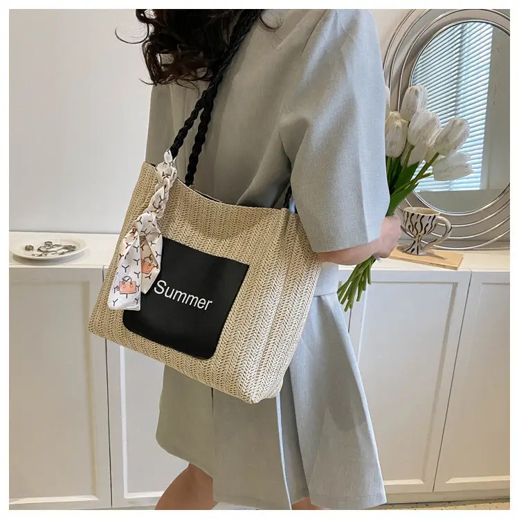 Summer woven tote bag with braided handles — feature 19