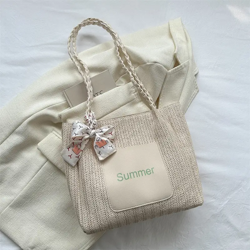 Summer woven tote bag with braided handles - Image 2