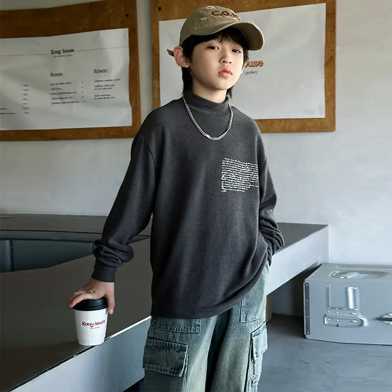 Boys Grey Half-High Collar T-Shirt with Embroidered Design - Image 3