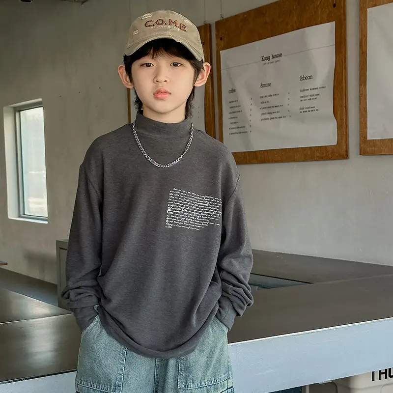 Boys Grey Half-High Collar T-Shirt with Embroidered Design - Image 4