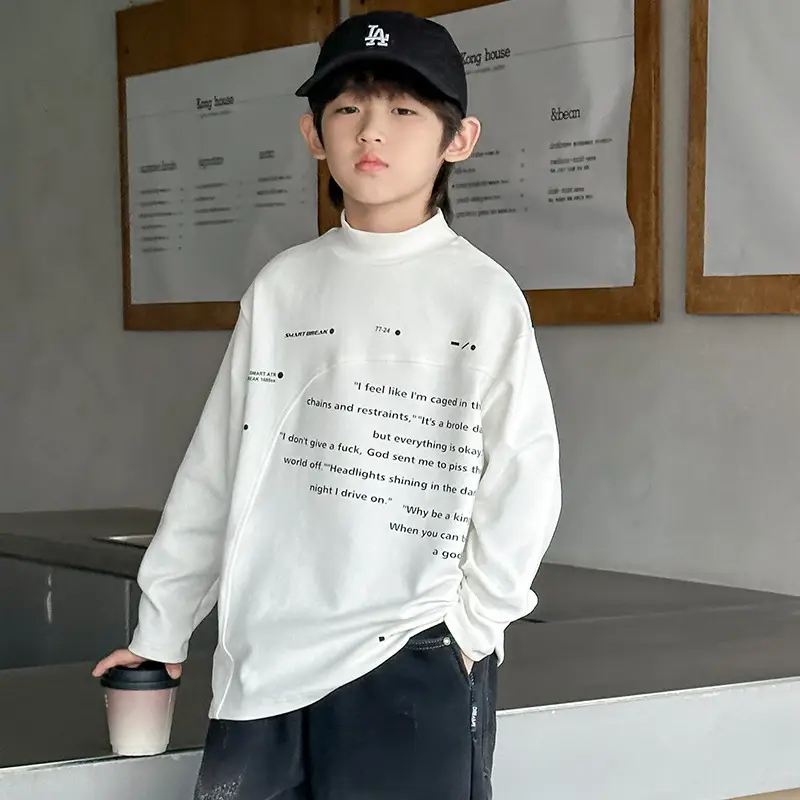 Boys Grey Half-High Collar T-Shirt with Embroidered Design - Image 5