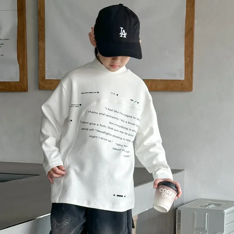 Boys Grey Half-High Collar T-Shirt with Embroidered Design - Image 6
