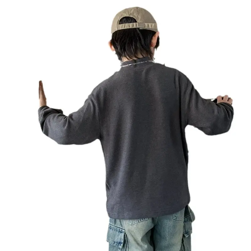 Boys Grey Half-High Collar T-Shirt with Embroidered Design - Image 7