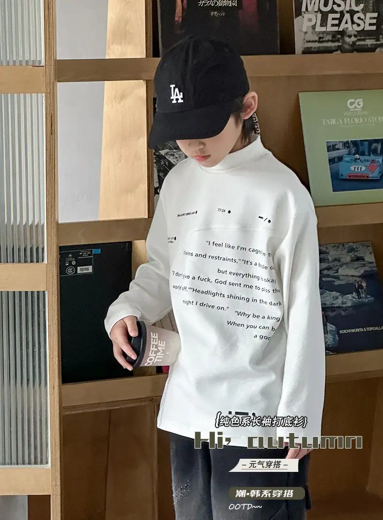 Boys Grey Half-High Collar T-Shirt with Embroidered Design — feature 1