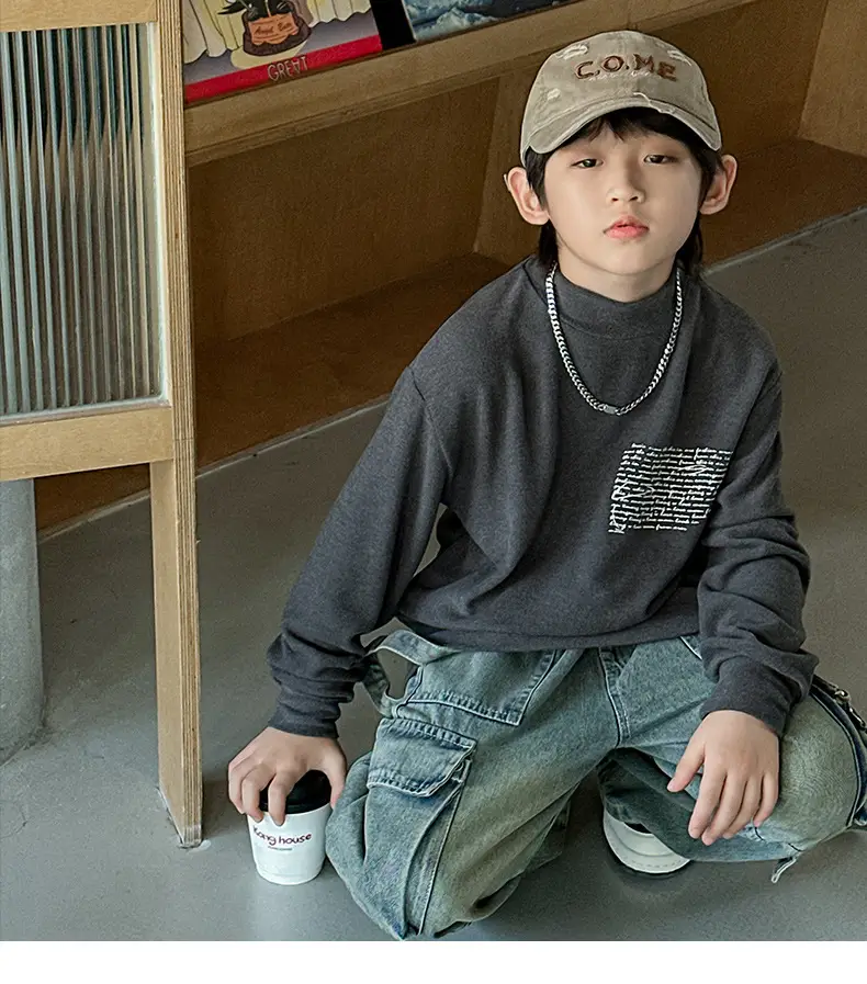 Boys Grey Half-High Collar T-Shirt with Embroidered Design — feature 14