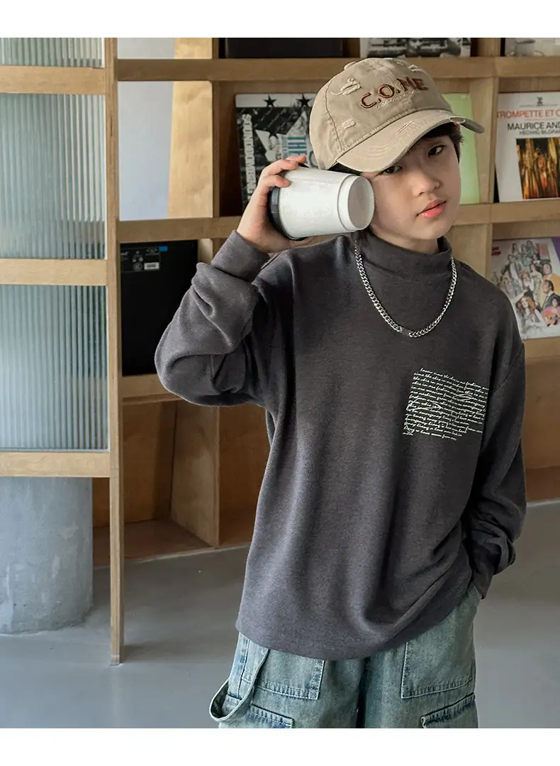 Boys Grey Half-High Collar T-Shirt with Embroidered Design — feature 15