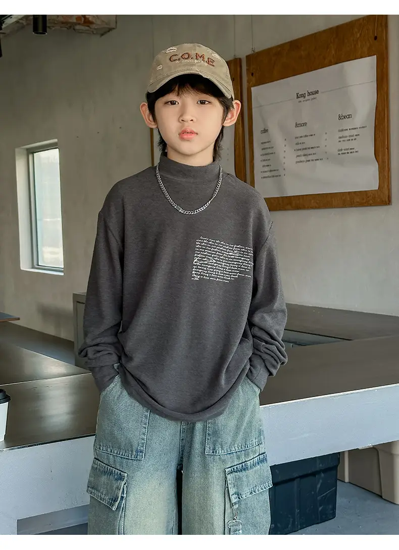 Boys Grey Half-High Collar T-Shirt with Embroidered Design — feature 16