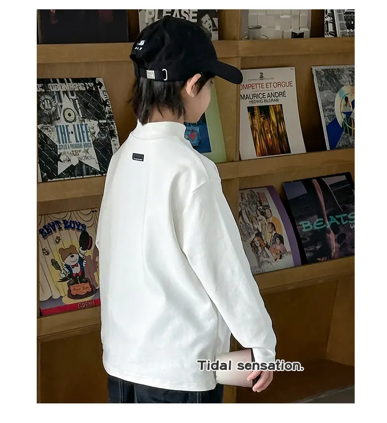 Boys Grey Half-High Collar T-Shirt with Embroidered Design — feature 3