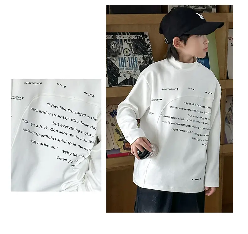 Boys Grey Half-High Collar T-Shirt with Embroidered Design — feature 4