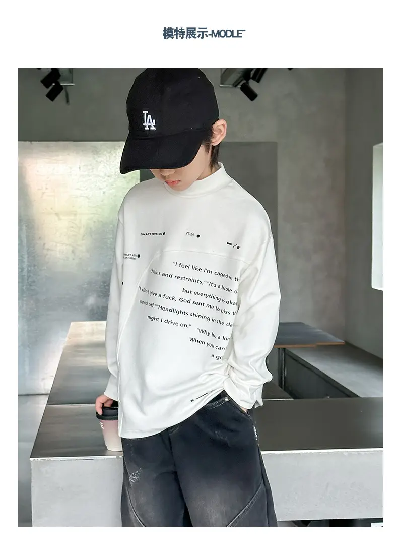 Boys Grey Half-High Collar T-Shirt with Embroidered Design — feature 6
