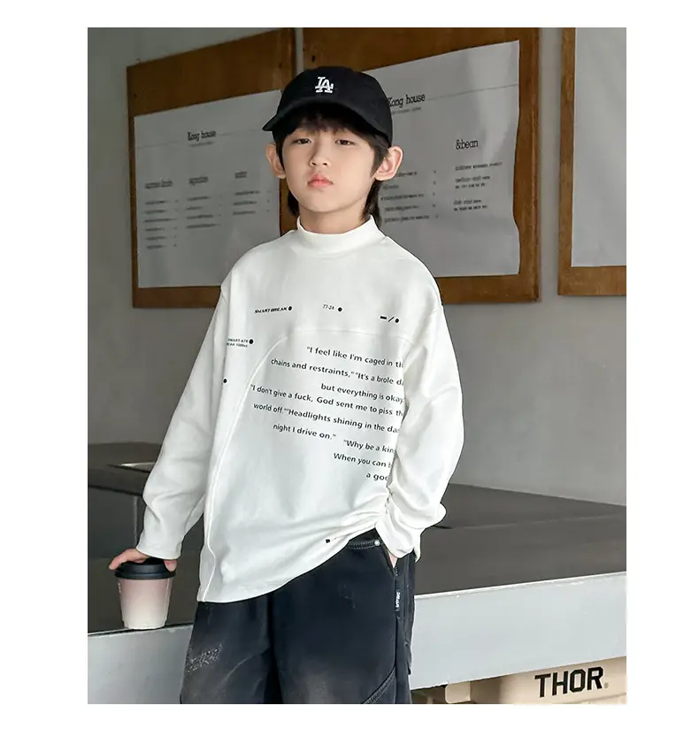 Boys Grey Half-High Collar T-Shirt with Embroidered Design — feature 7