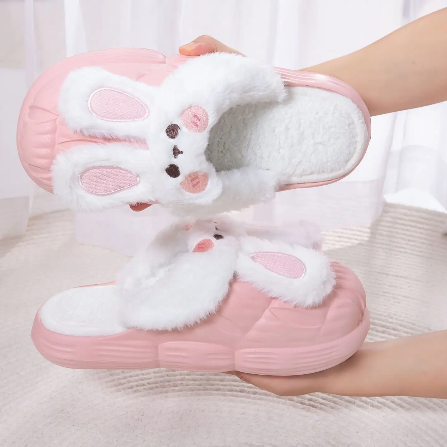 Autumn Winter Cartoon Cotton Slippers White Pink