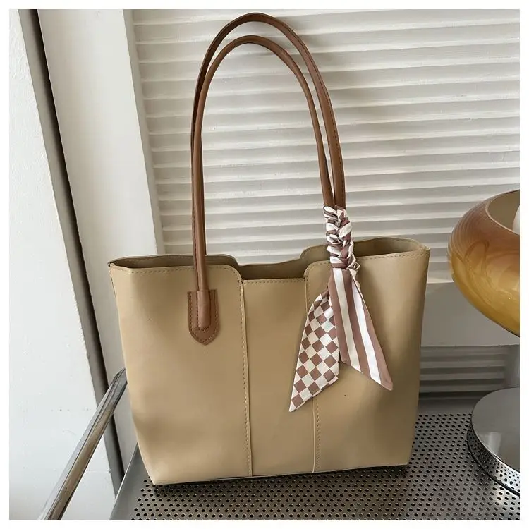 Women's Cream Textured Shoulder Bag with Checkered Bow - Image 9