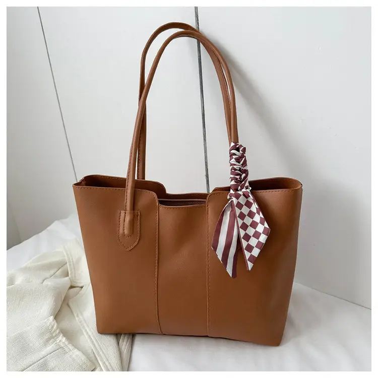 Women's Cream Textured Shoulder Bag with Checkered Bow - Image 2
