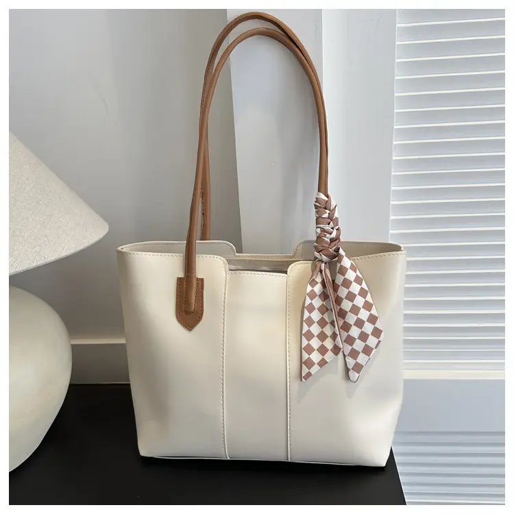 Women's Cream Textured Shoulder Bag with Checkered Bow - Image 4