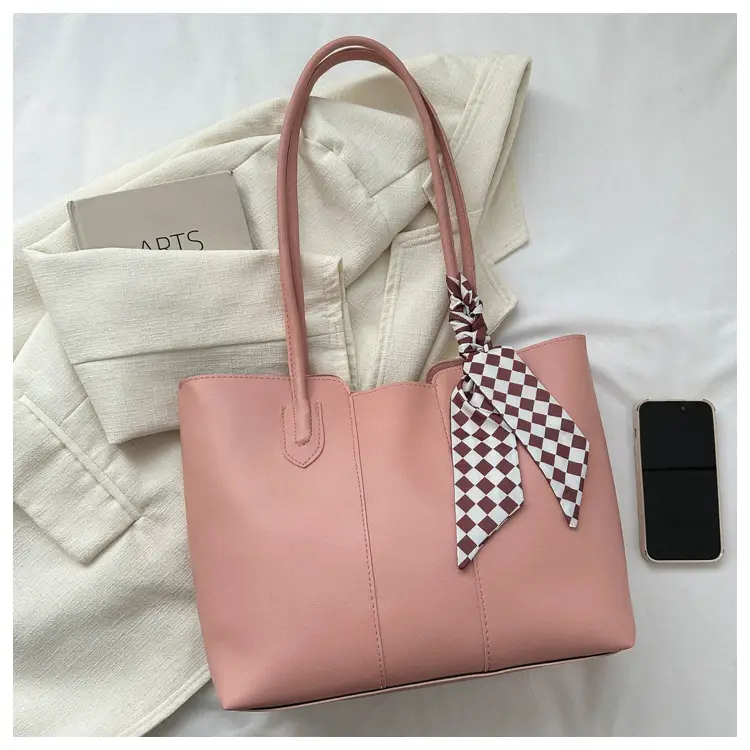 Women's Cream Textured Shoulder Bag with Checkered Bow - Image 5