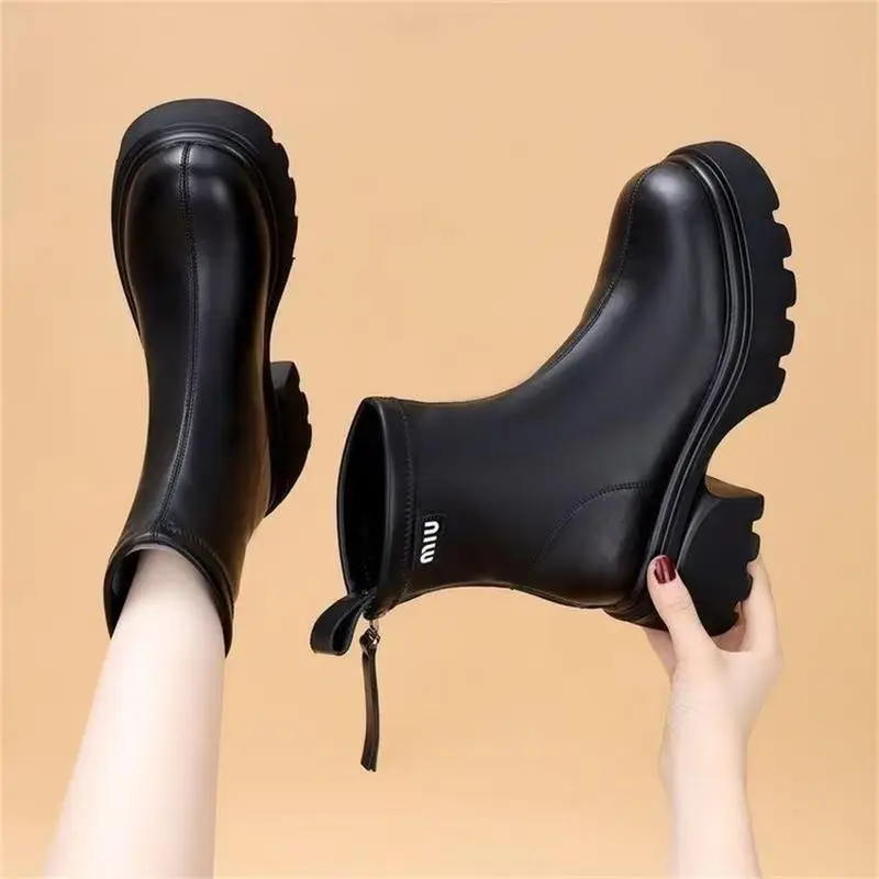 Women's Black Leather Skinny Boots with Thick Bottom & Zipper Closure