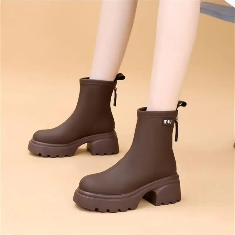 Women's Black Leather Skinny Boots with Thick Bottom & Zipper Closure