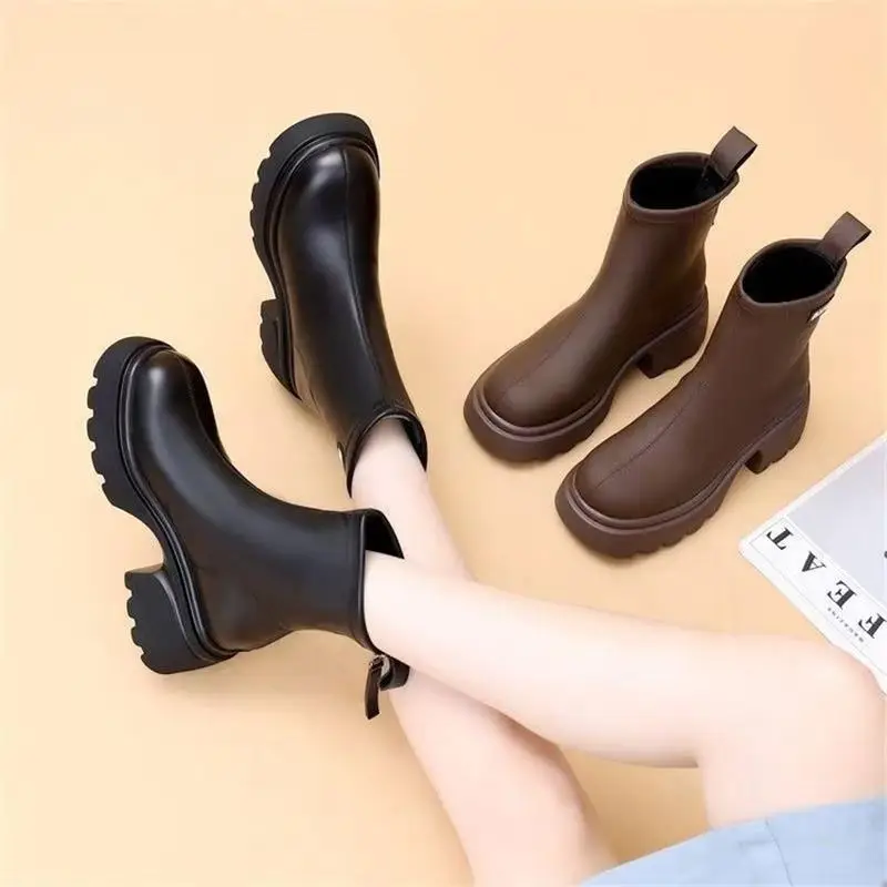 Women's Black Leather Skinny Boots with Thick Bottom & Zipper Closure