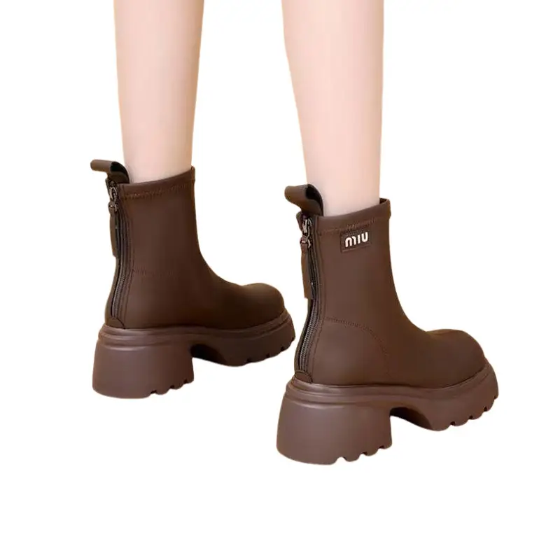 Women's Black Leather Skinny Boots with Thick Bottom & Zipper Closure