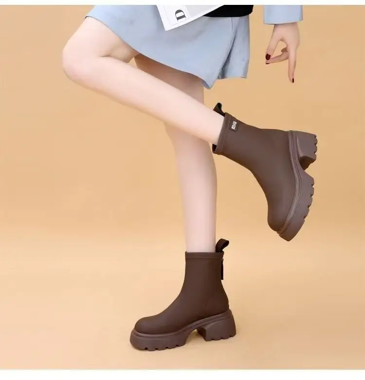 Women's Black Leather Skinny Boots with Thick Bottom & Zipper Closure — feature 10