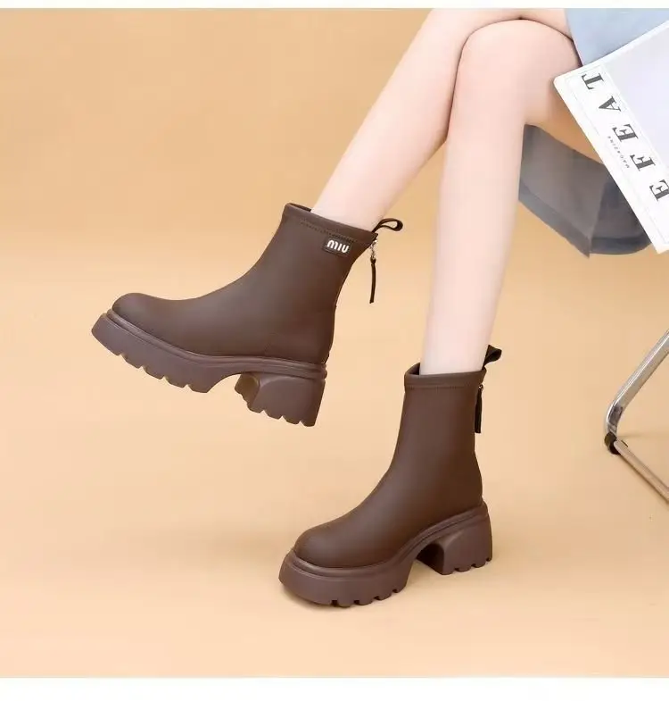 Women's Black Leather Skinny Boots with Thick Bottom & Zipper Closure — feature 11