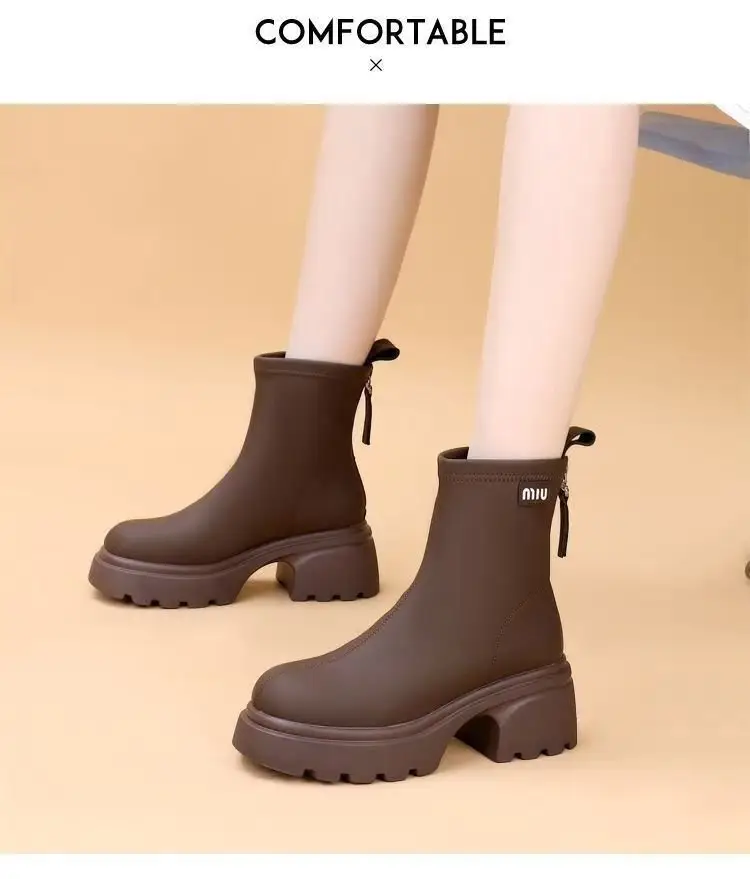 Women's Black Leather Skinny Boots with Thick Bottom & Zipper Closure — feature 12