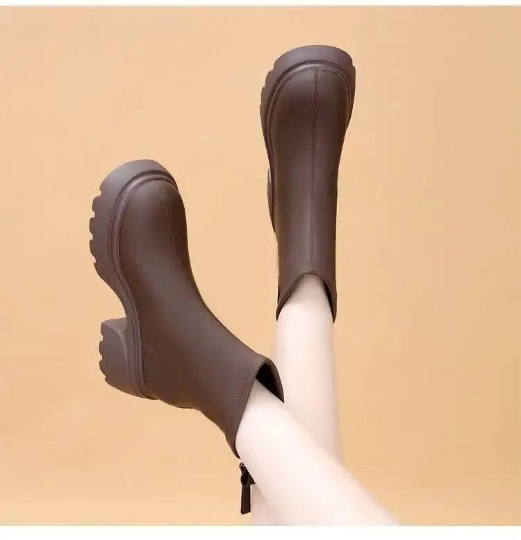 Women's Black Leather Skinny Boots with Thick Bottom & Zipper Closure — feature 14