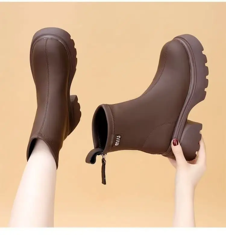 Women's Black Leather Skinny Boots with Thick Bottom & Zipper Closure — feature 15