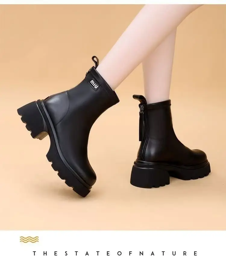 Women's Black Leather Skinny Boots with Thick Bottom & Zipper Closure — feature 16