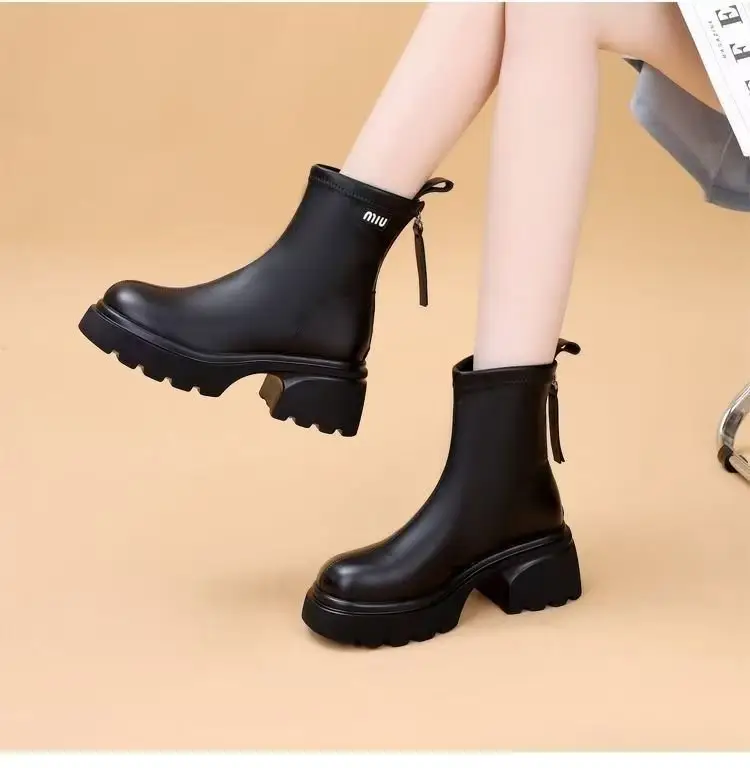 Women's Black Leather Skinny Boots with Thick Bottom & Zipper Closure — feature 17