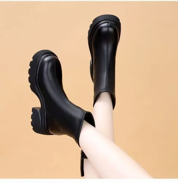 Women's Black Leather Skinny Boots with Thick Bottom & Zipper Closure — feature 19