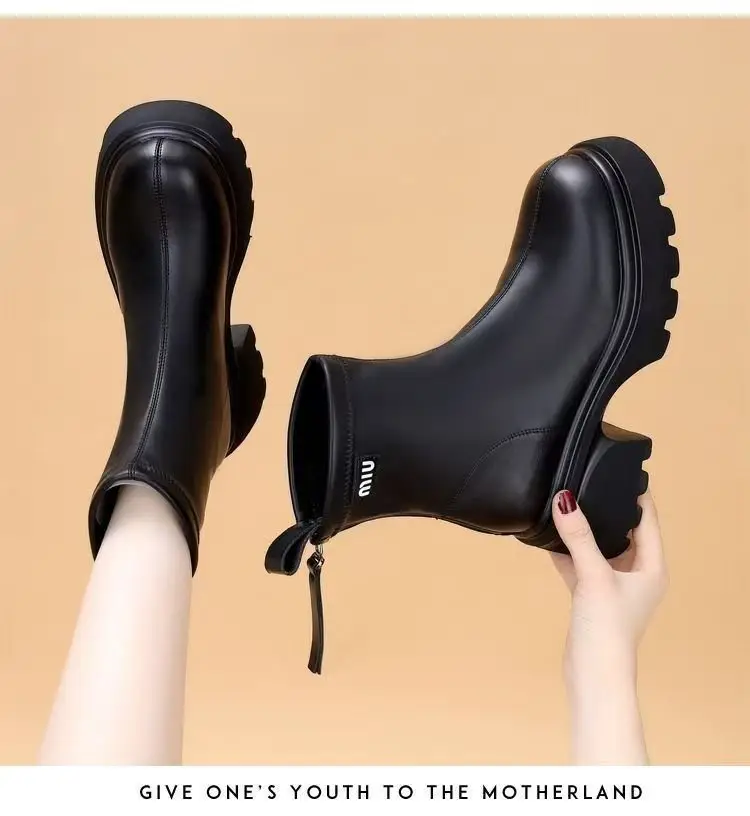 Women's Black Leather Skinny Boots with Thick Bottom & Zipper Closure — feature 20