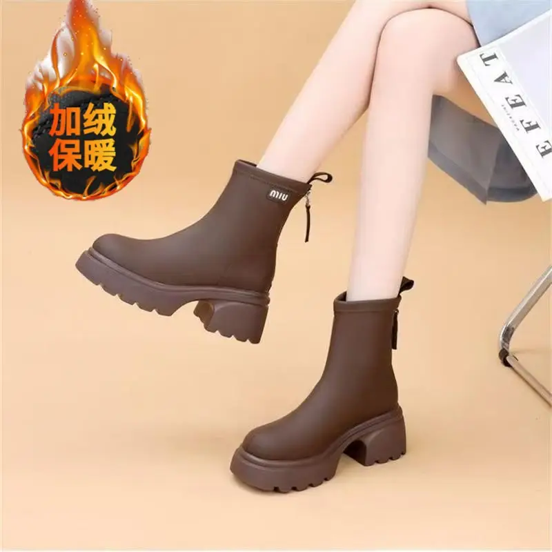 Women's Black Leather Skinny Boots with Thick Bottom & Zipper Closure