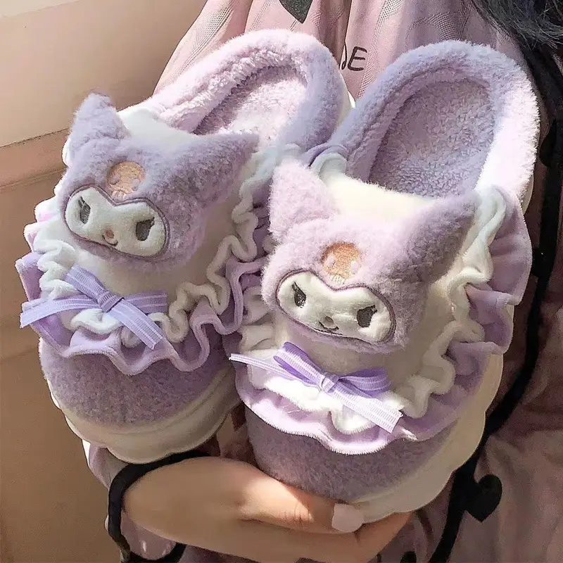 Hellokitty Cat Cotton Slippers Women's Winter Bag Heel 2024 New Cute Plush Fleece-Lined Postpartum Cotton Shoes for Women