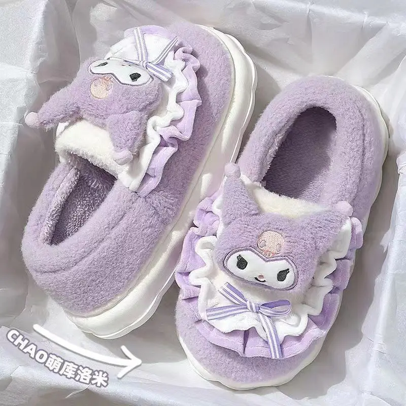 Hellokitty Cat Cotton Slippers Women's Winter Bag Heel 2024 New Cute Plush Fleece-Lined Postpartum Cotton Shoes for Women
